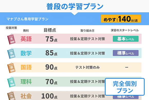 普段の学習プラン 完全個別プラン