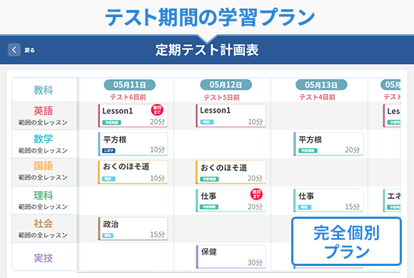 テスト期間の学習プラン 完全個別プラン