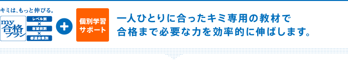 キミは、もっと伸びる。my合格プラン(レベル別×志望校別×都道府県別) +個別学習サポート 一人ひとりに合ったキミ専用の教材で合格まで必要な力を効率的に伸ばします。