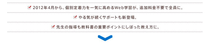 2012年4月から、個別定着力を一気に高めるWeb学習が、追加料金不要で全員に。やる気が続くサポートも新登場。先生の指導も教科書の重要ポイントにしぼった教え方に。
