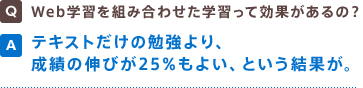 Q Web学習を組み合わせた学習って効果があるの? A テキストだけの勉強より、成績の伸びが25%もよい、という結果が。