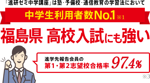 「進研ゼミ中学講座」は塾・予備校・通信教育の学習法において中学生利用者数No.1※1 福島県高校入試にも強い 進学先報告会員の志望校合格率98.1% ※3
