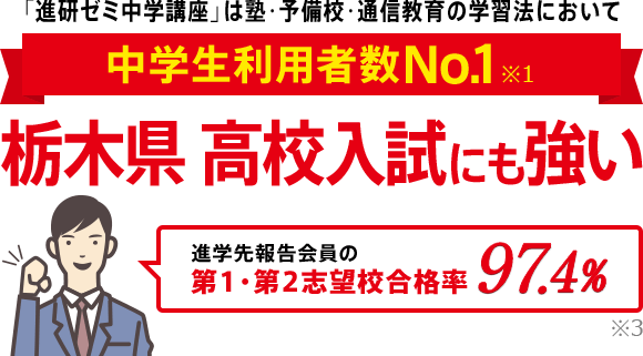 「進研ゼミ中学講座」は塾・予備校・通信教育の学習法において中学生利用者数No.1※1 栃木県高校入試にも強い 進学先報告会員の志望校合格率98.1% ※3