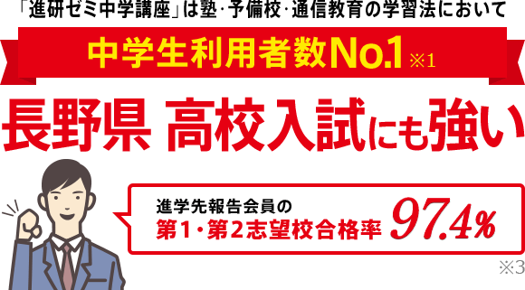 「進研ゼミ中学講座」は塾・予備校・通信教育の学習法において中学生利用者数No.1※1 長野県高校入試にも強い 進学先報告会員の志望校合格率98.1% ※3