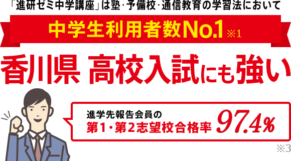 「進研ゼミ中学講座」は塾・予備校・通信教育の学習法において中学生利用者数No.1※1 香川県高校入試にも強い 進学先報告会員の志望校合格率98.1% ※3