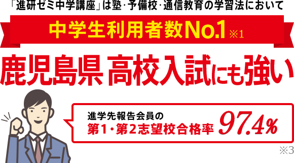 「進研ゼミ中学講座」は塾・予備校・通信教育の学習法において中学生利用者数No.1※1 鹿児島県高校入試にも強い 進学先報告会員の志望校合格率98.1% ※3
