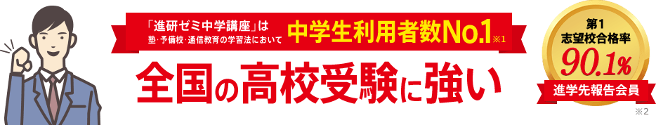「進研ゼミ中学講座」は塾・予備校・通信教育の学習法において中学生利用者数No.1※1 全国の高校受験に強い 第１志望校合格率90.1% ※2