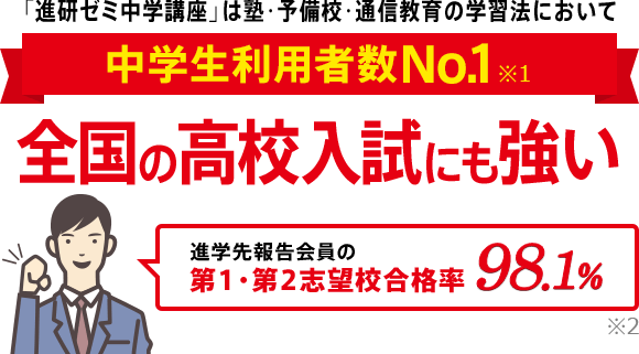 「進研ゼミ中学講座」は塾・予備校・通信教育の学習法において中学生利用者数No.1※1 全国の高校入試に強い 進学先報告会員の志望校合格率97.8% ※3
