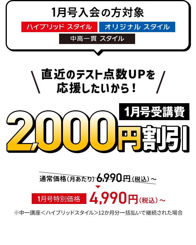 直近のテスト点数UPを応援したいから！ 1月号受講費2,000円割引