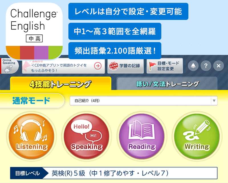 ChallengeEnglish中高 レベルは自分で設定・変更可能 中1～高3範囲を全網羅 頻出語彙2,100語厳選！