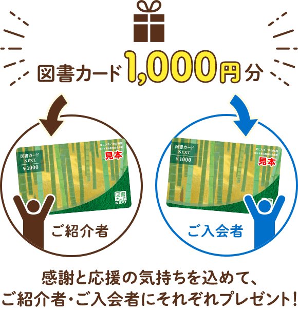 図書カード1,000円分 感謝と応援の気持ちを込めて、ご紹介者・ご入会者にそれぞれプレゼント!
