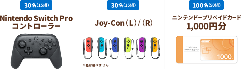 30名(15組)Nintendo Switch Pro コントローラー 30名(15組) Joy-Con(L)/(R) 30名(15組) ニンテンドープリペイドカード1,000円分