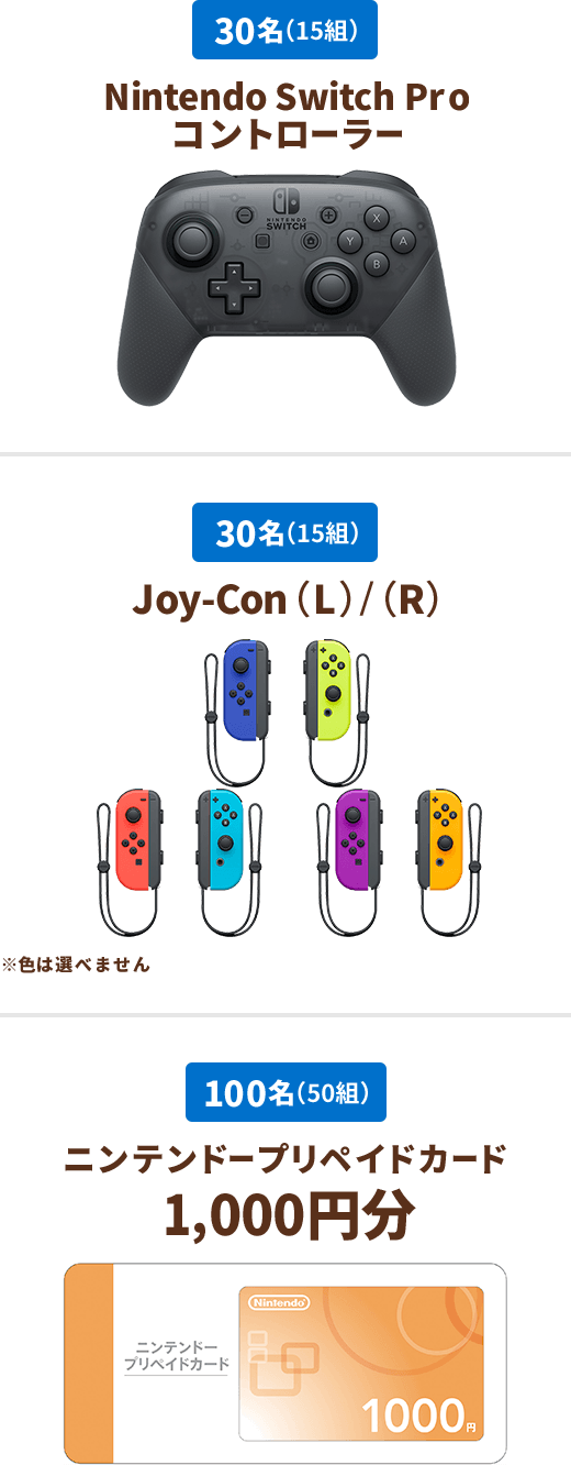 30名(15組)Nintendo Switch Pro コントローラー 30名(15組) Joy-Con(L)/(R) 30名(15組) ニンテンドープリペイドカード1,000円分